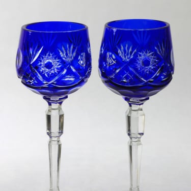 Bohemian Cobalt Blue Cut to Clear Crystal Wine Glass Set 
