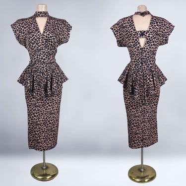 VINTAGE 80s Leopard Print Cutout Peplum Bombshell Choker Dress by Variations Sz 10 | 1980s Iconic New Wave Party Dress | VGF 