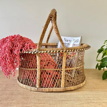 Vintage Large Wicker Oval Basket with Handles - Woven Rattan Storage 