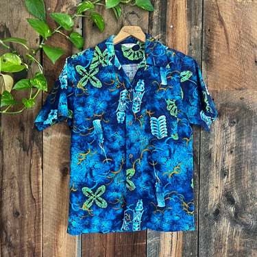 Vintage 60s Hawaiian Shirt Loop Collar Cotton Tiki man all cotton Size L 