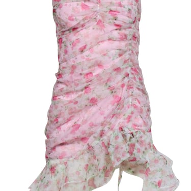 For Love &amp; Lemons - Pink Organza Rose Print Ruched Strapless Mini Dress Sz S