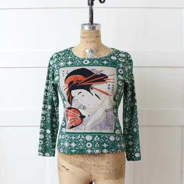 vintage 1970s geisha shirt • nylon novelty print pullover stretch blouse • Japanese print 