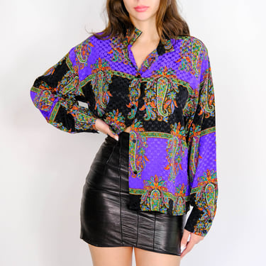 Vintage 80s GENNY Black & Violet Checkered Jacquard Silk Blouse w/ Vibrant Paisley Print | Made in Italy | 100% Silk | 1980s Designer Top 
