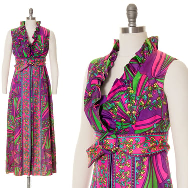 Vintage 1960s Maxi Dress | 60s Psychedelic Floral Geometric Printed Neon Pink Purple Empire Waist Sheath Summer Party Dress (small) 