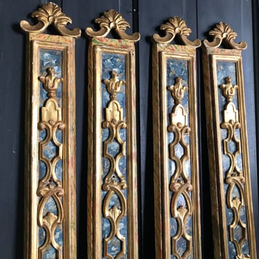 Italian Gilded Gesso Wall Mounts, Architectural Wood Panels, Scroll, Carved Wood Relief, Set of 4, Door Wall Mount, Historical 19th C 