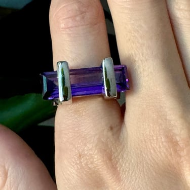 Sterling Silver Huge Purple Crystal Bar Ring Size 7
