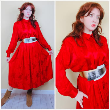 1980s Vintage Ambria Red Silk Pleated Blouse and Skirt / 80s Dolman Sleeve Collar Floral Set / Size Large - XL 