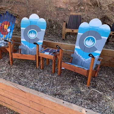 Set of 3 - (2)Snowboard & Ski Chairs, Colorado Flag, Teal, Turquoise, Plus (1)matching side table, hand painted 