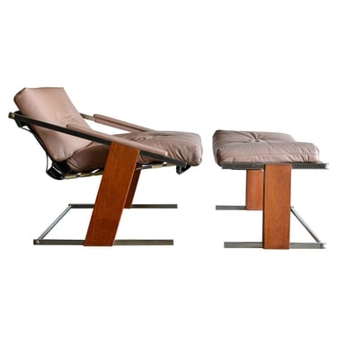 Chromed Steel, Leather and Teak Cantilever Lounge Chair and Ottoman, ca. 1970
