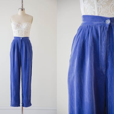 high waisted pants | 80s 90s vintage cobalt blue silky dark academia pleated straight leg trousers 