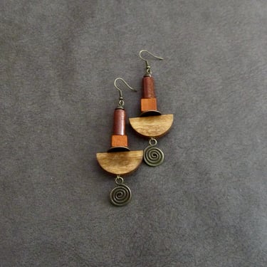 Large wooden earrings, bold statement earrings, geometric earrings, rustic natural earrings, ethnic tribal earrings, primitive exotic 