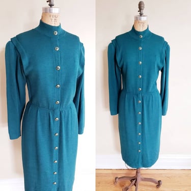 1980s Blue St John Knit Dress Long Sleeves / 80s Designer Button Down Aquamarine Knit Dress Gold Buttons Elastic Waist / M / Veronique 