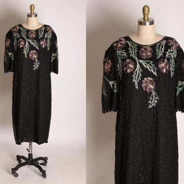 Deadstock 1980s Black, Pink and Green Floral Short Sleeve Silk Bead and Sequin Dress by Denise Elle -2XL 