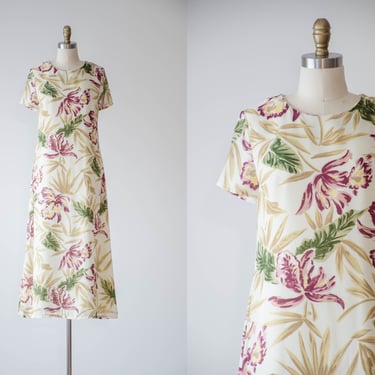 cream floral midi dress | 90s y2k vintage white ivory purple green floral chiffon short sleeve dress 