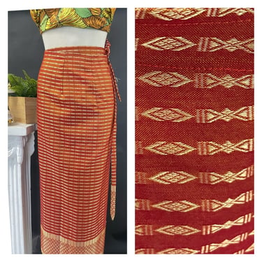 Vintage Metallic Thread Maxi Skirt Long Wrap Tie Waist Orange Rust Gold 
