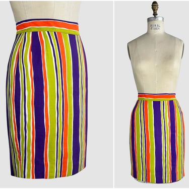 CHRISTIAN LACROIX Vintage 80s Pencil, High Waist Mini Skirt | 1980s Candy Stripe Print Made in Italy, French Designer| 90s 1990s | Sz Medium 