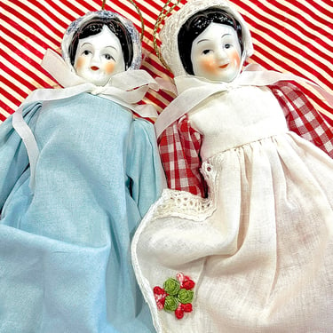 VINTAGE: 2pcs - Porcelain Doll Ornaments - Fabric Angel Dolls - Christmas Angel - Doll Ornaments - SKU 00035663 