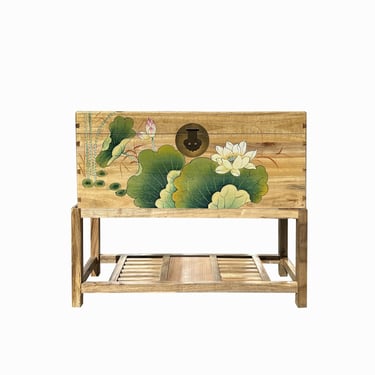 Chinese Lotus Green Leaf Tan Color Rectangular Wood Trunk on Stand cs7688E 