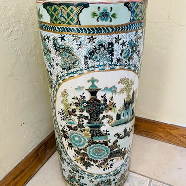 Vintage Large Authentic Japanese Satsuma Vase, Umbrella Stand Hand painted, Embossed Moriage - excellent Condition  18" X 8" 