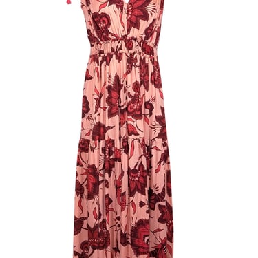 Omika - Peach w/ Red Floral Print Sleeveless Maxi Dress Sz L