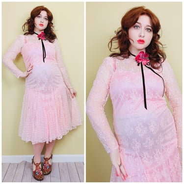 1980s Vintage Baby Pink Floral Lace Dress / 80s / Eighties Sheer Lace Mermaid Dress With Slip / Large 