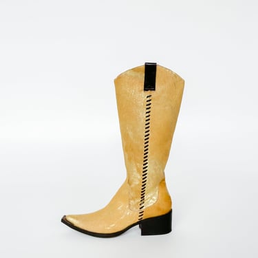 Yellow Pony Hair Distressed Cowboy Boots (7.5)