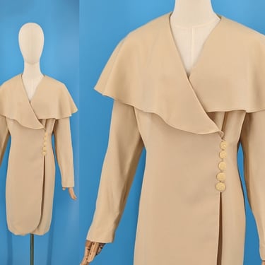 Vintage 80s Beau David 12 Cream Long Sleeve Wrap Dress with Caplet Collar - Eighties Wrap Dress 