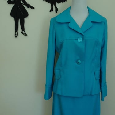 Vintage 1960's Vogue Suit / 60s Teal Blue Skirt and Jacket Set M 