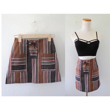 Vintage 60s Mini Skirt - High Waisted Micro Mini Lace Up Denim Skirt - Mod 1960s Striped Pattern - Size XXS 
