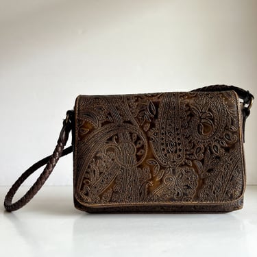 Vintage 90s Brown Embossed Tooled Western Paisley Small Shoulder Bag 