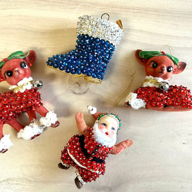 Set of Vintage Sequin and Velvet Flocked Ornaments: Santa, Reindeer, and Stocking 