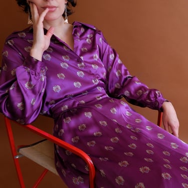 Vintage 70s Jocelyn Royal Purple Crest Two Piece Set/ 1970s 1980s Satin Blouse and Skirt Suit/ Size Medium 30 