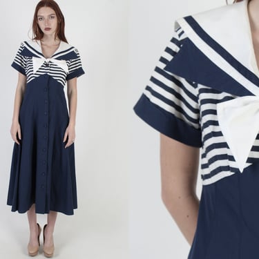 Nautical Sailor Collar Dress, Large White Bow Tie Neckline, Horizontal Navy Striped Deck Dress, Minimalist Colorblock Wide Lapel Maxi Dress 