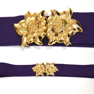 80s 90s Vintage Gold Flower Belt Buckle Purple Stretch Elastic Belt Gold Flower Metal Belt Small Medium Large XL Purple Flower Wedding Belt 