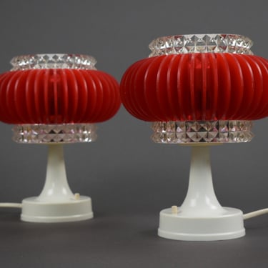 Pair of Vintage Lamps with White Base and Red&Transparent Plastic Shade, Space Age Light, Nightstand Lamp from 70s, Bedside Lamp, MCM Light 