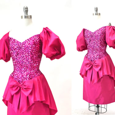 80s Prom Dress Pink Size Small Pink Sequin Dress by Mike Benet// Vintage 80s Party Dress Metallic Pink Sequin Drag Queen Barbie Dress 