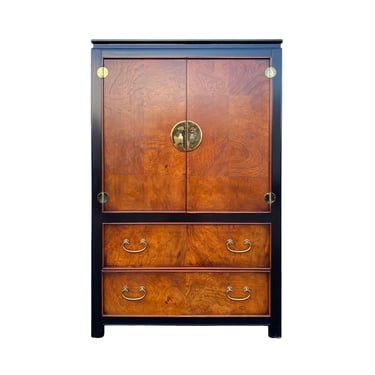 Chinoiserie Armoire Dresser by Stanley with Two Tone Black & Burl Wood - Vintage Asian Tallboy Chest of Drawers with Chinese Style Brass 