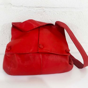 Vintage Red Leather Shoulder Bag Purse Handbag Bucket Hobo Boho Slouchy 1970s 