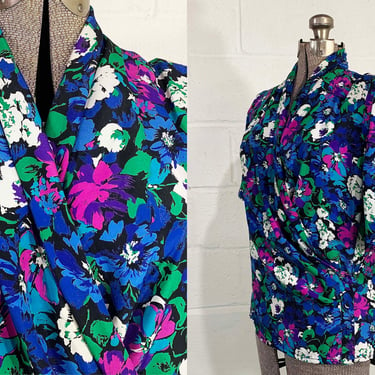 Vintage Nicola Wrap Blouse Black Floral Top 90s 1990s Peplum Short Sleeve Fitted Waist Jewel Tones Shirt Boho Hippie Small Medium 
