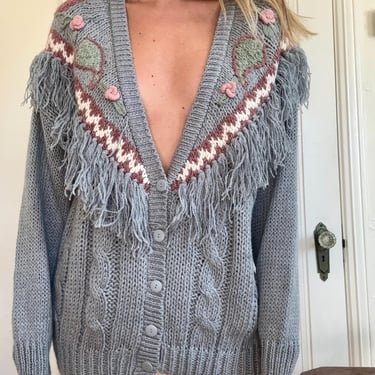 Vintage 80s 90s Hand Knit Fringe Deep V Cardigan Sweater Large XL by TimeBa