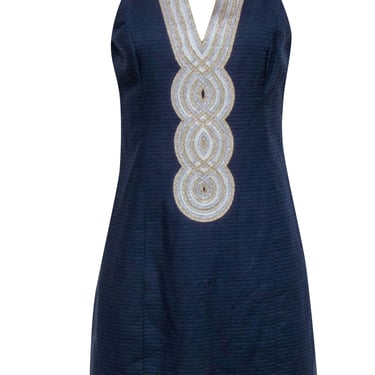Lilly Pulitzer - Navy Textured Sleeveless Dress w/ Gold & Silver Middle Trim Sz 8