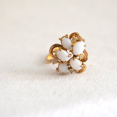 1970s Sarah Coventry Milk Glass and Rhinestone 18K HGE Ring, Size 7 
