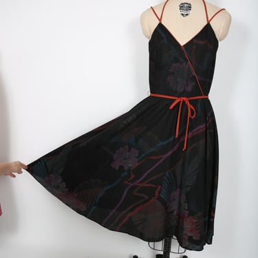 Vintage Black Floral Dress Sundress Midi Dress 