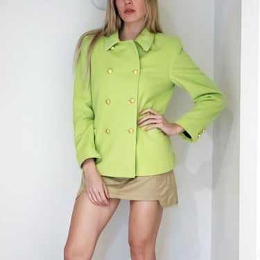 Vintage ESCADA 1990s Lime Green Angora + Virgin Lambs Wool Double Breasted Blazer with Gold Buttons sz DE 36 XS S M 90s Chartreuse Slime 