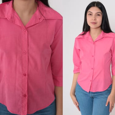 Bright Pink Blouse 70s Button up Shirt Wing Collar Top Retro Basic Plain Preppy Collared Simple Minimalist 3/4 Sleeve Vintage 1970s Small 