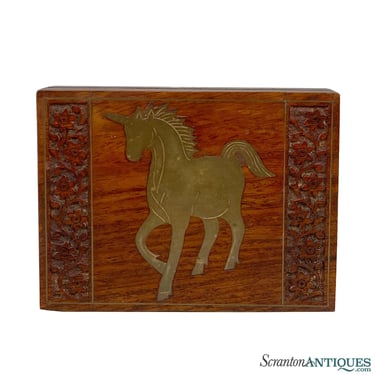 Vintage Traditional Walnut Carved Brass Inlaid Unicorn Horse Storage Box