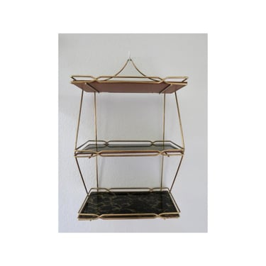 Vintage 3 Tiered Shelf Gold Tone Metal & Faux Marble Shelves Mid Century MCM Display Trinket Curio Wall Hanging Decor 