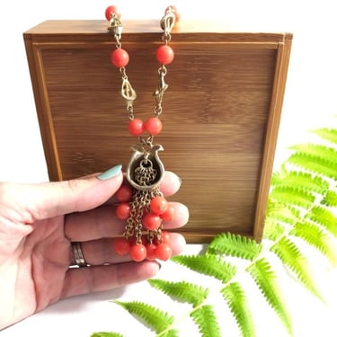 60s coral cluster pendant beaded mcm necklace, vintage jewelry gift for her 