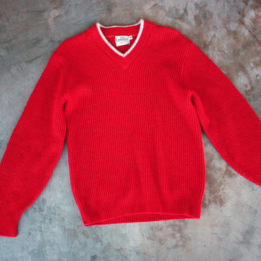 60s Red Wool Pullover V Neck Sweater Collegiate Letterman Style Size S / M 