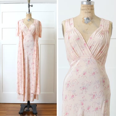 vintage 1930s peach floral rayon lingerie set • bias cut night gown & matched full length robe / housedress 